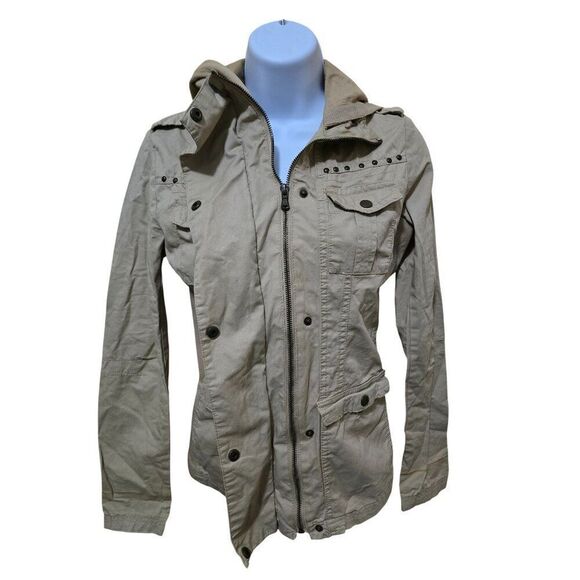 Womens Beige Utility Jacket Hood Snap Buttons Stud Detail Lightweight Casual S - Picture 1 of 16